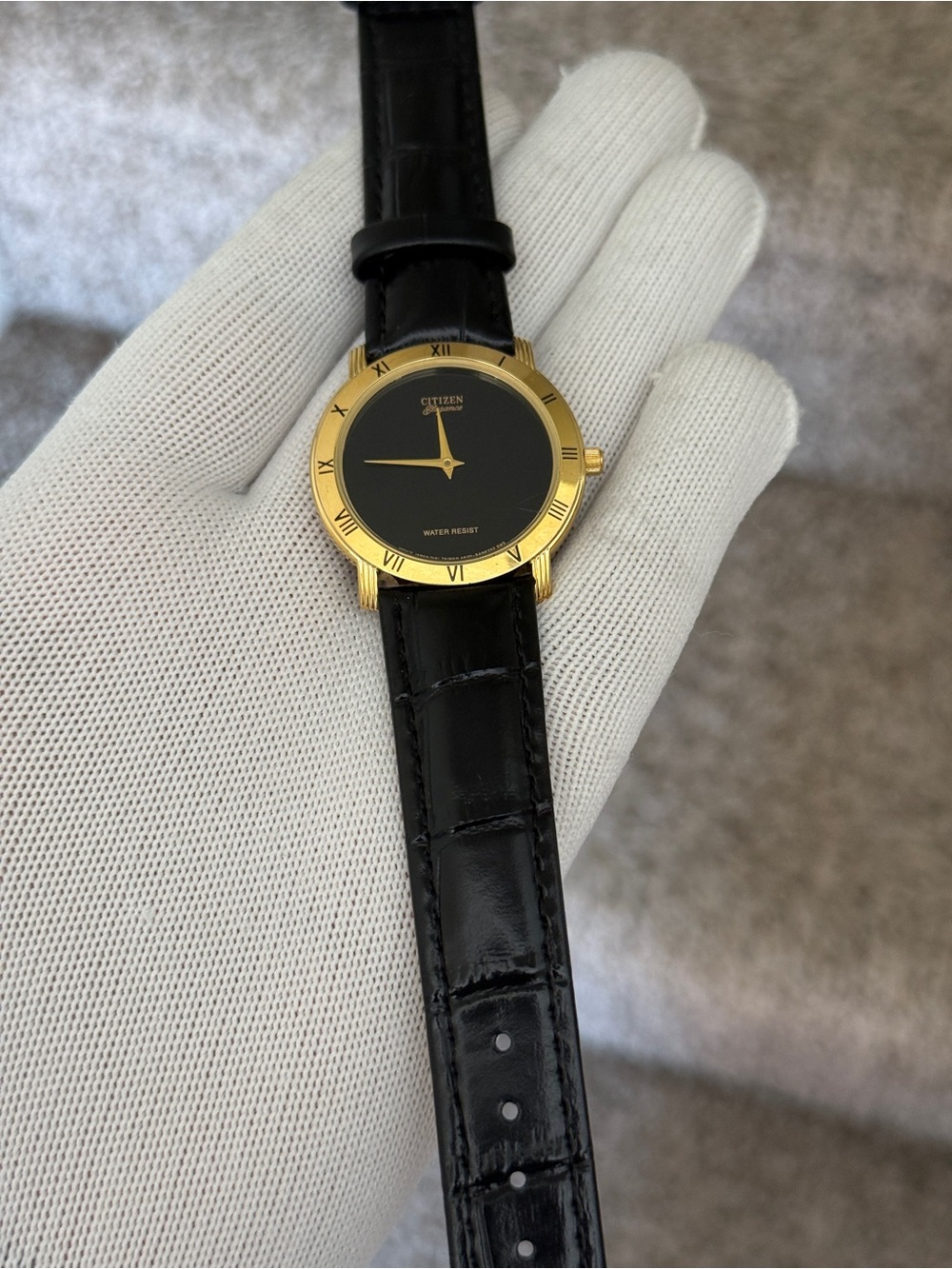 Citizen Elegance Gold Tone Case with Black Dial and Black Leather Strap